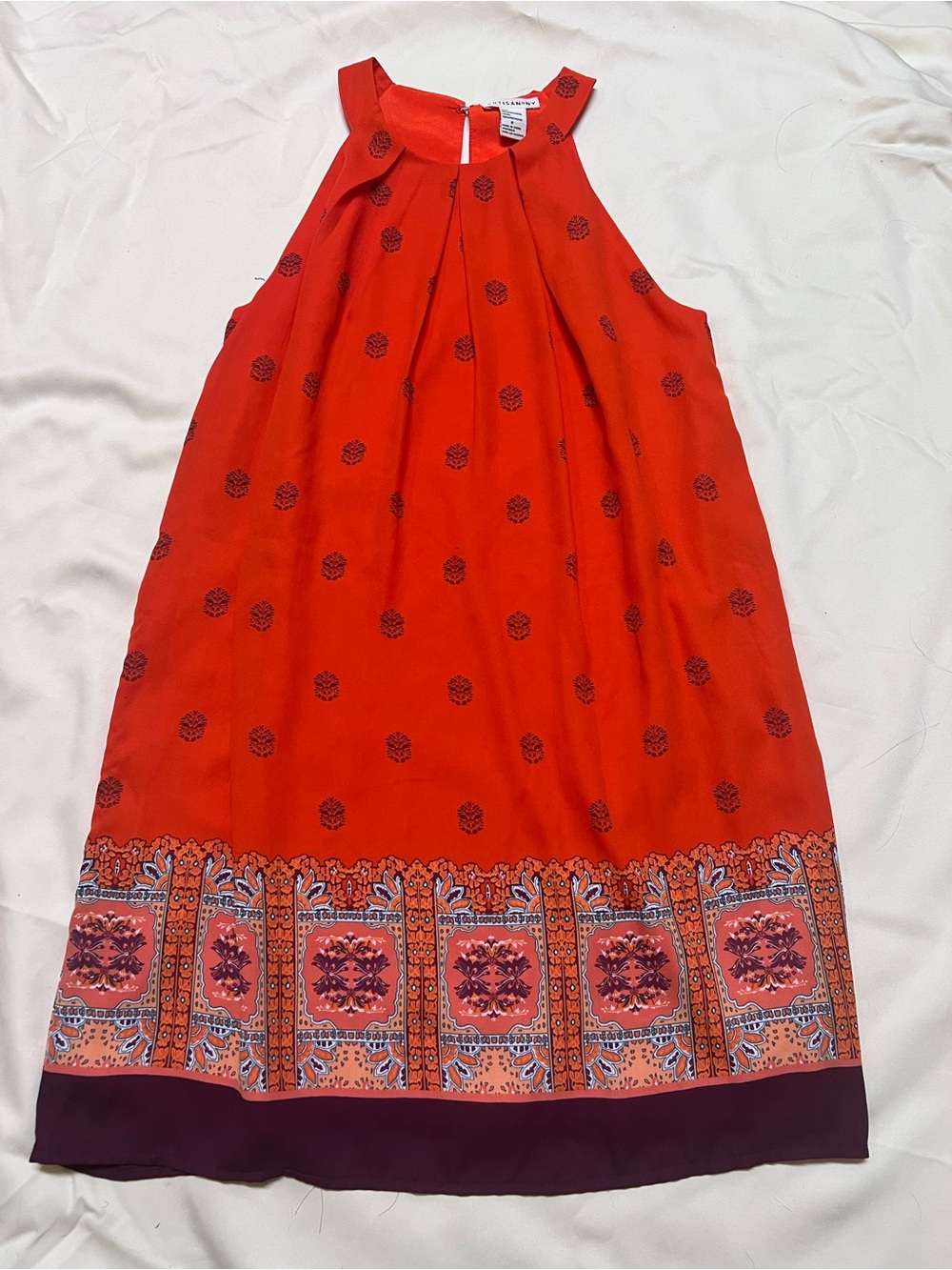 Artisan Red Backless Halter Dress with Patterned Hem